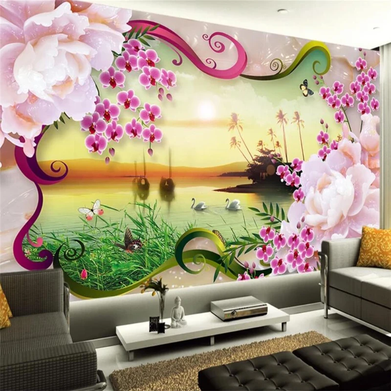 

wellyu Jiangnan Water Fishing Boat Flower Peony Jade TV Wall Custom Large Mural Green Wallpaper papel de parede para quarto