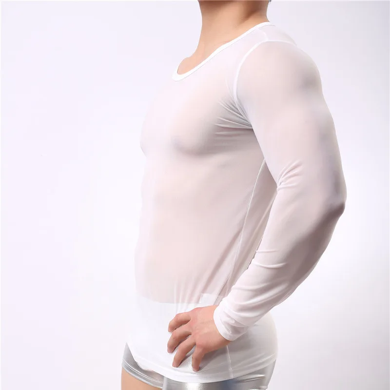 Mens Undershirt Gay clothing Nylon Mesh shirt men See Through Sheer Long Sleeves T Shirts Male Sexy transparent shirt Underwear