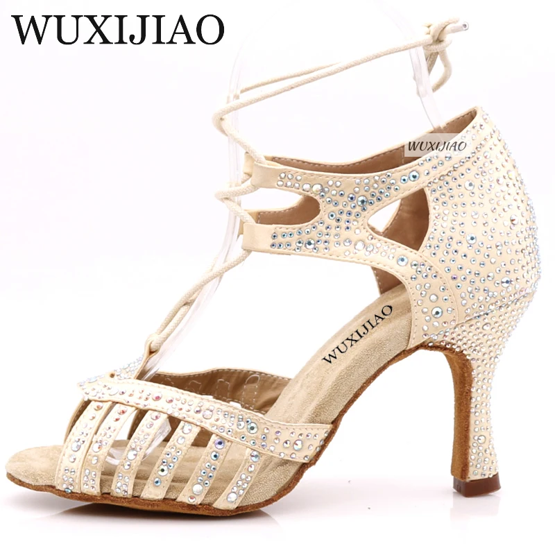 WUXIJIAO Neue Beige und Schwarz satin Salsa Dance Schuhe Weichen Boden Latin Kizomba Tango Ballroom Dance Schuhe Ferse 6/7. 5/8. 5/10 cm