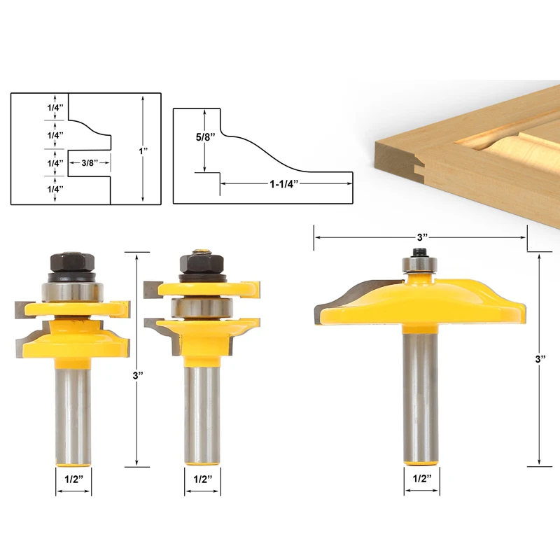 3pcs/lot Bit Raised Panel Cabinet Door Router Bit Set - 1/2