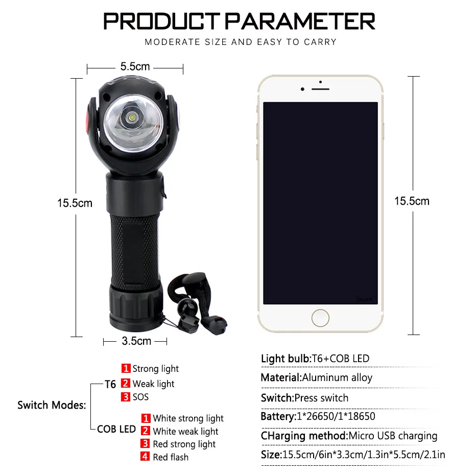 Led Flashlight 360 Degree T6 + COB Torch 2000lm Waterproof With Magnet USB LED Torch 7 Modes use AAA or 18650 or 26650 Battery