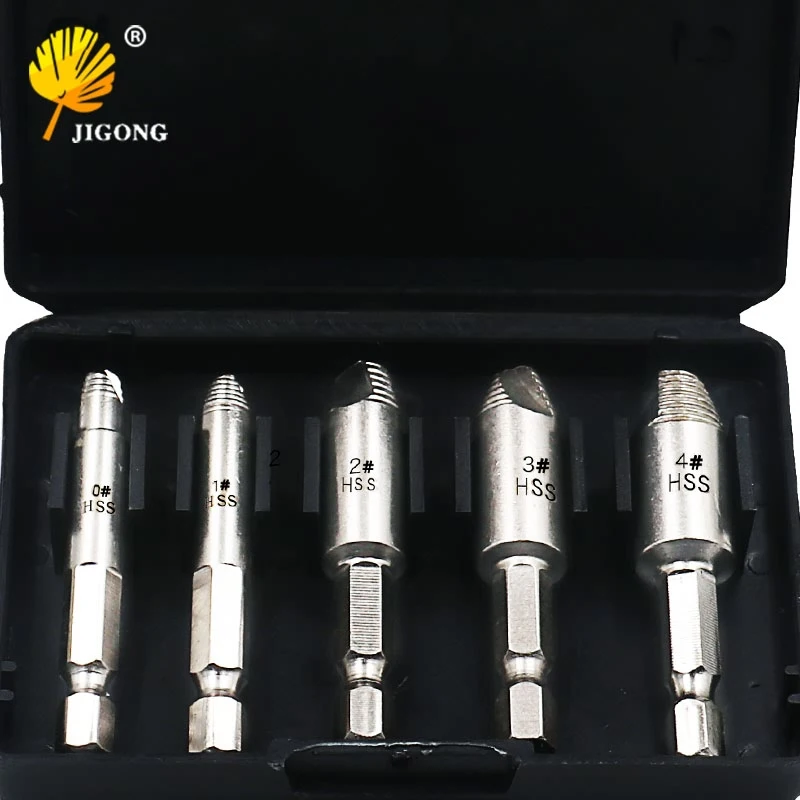 

JIGONG 5Pcs Damaged Screw Remover 1/4"Hex Shank Hss Broken Breakage Head Stripped Screw Bolt Remover Extractor