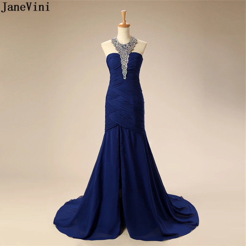 JaneVini-vestidos de dama de honor largos y sexys de color azul real, vestidos de fiesta formales de Chifón con cuentas de cristal, Espalda descubierta, cola A, 2019