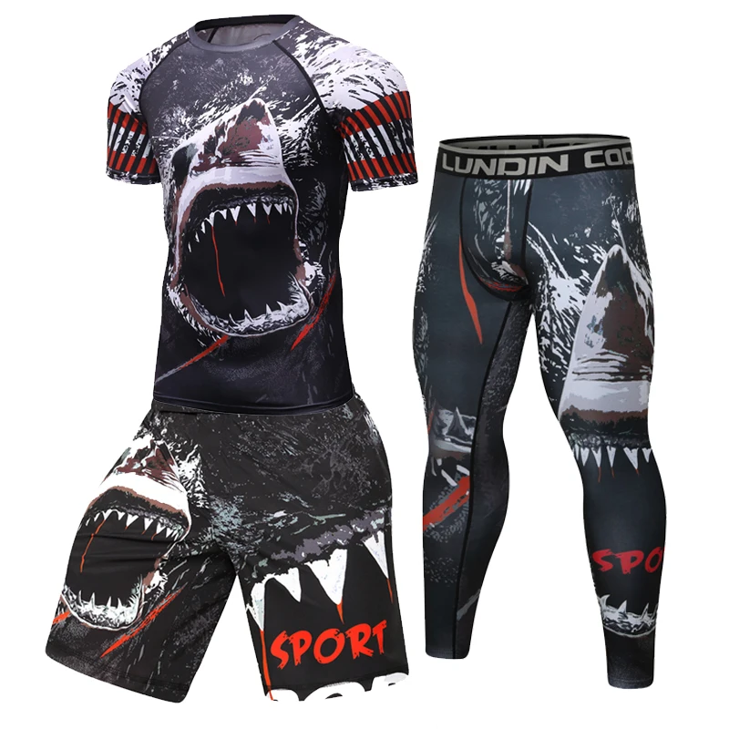 Fato de compressão masculino para fitness, camiseta e calça de manga comprida, terno esportivo MMA Rashguard, camiseta de musculação