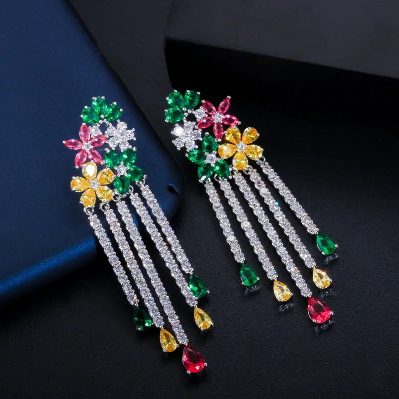 CWWZircons Sparkling Cubic Zirconia Pave Long Flower Tassel Drop Wedding Earrings for Women Party Dress Jewelry CZ568