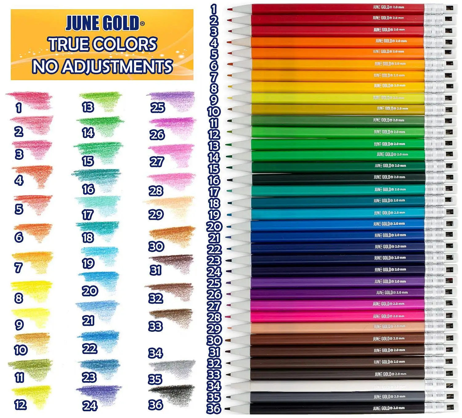 June Gold 36 Assorted Colored Lead Refills, 2.0 mm Extra Bold, 90 mm Tall, Pre-Sharpened, Break & Smudge Resistant