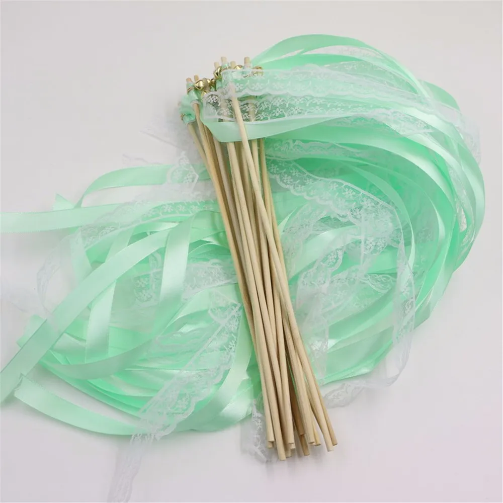 

Wedding party White LACE Ribbon Wands Confetti Twiring Stream Mint Green Ribbon bride and groom Sticks Wands with Bells 50pc/lot