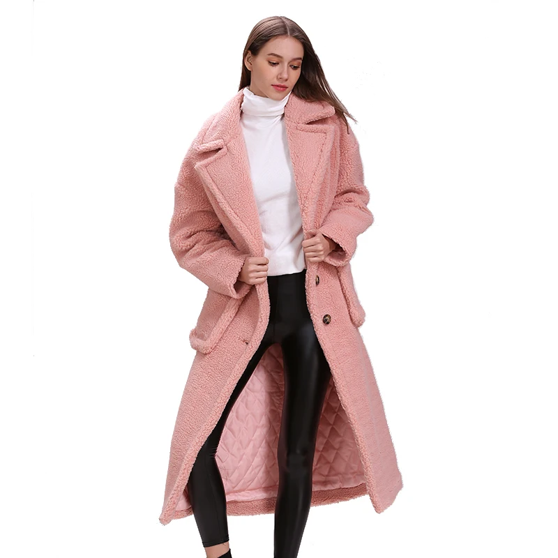 winter thick and warm 3 row buttons with pocket pink oversize X-long teddy coat