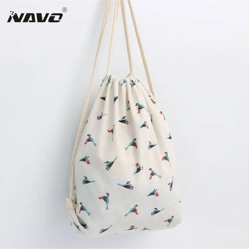 Bird Pattern Printing Drawstring Backpack Cute Fabric Shopping Tote Cotton Linen draw string bags back bag women