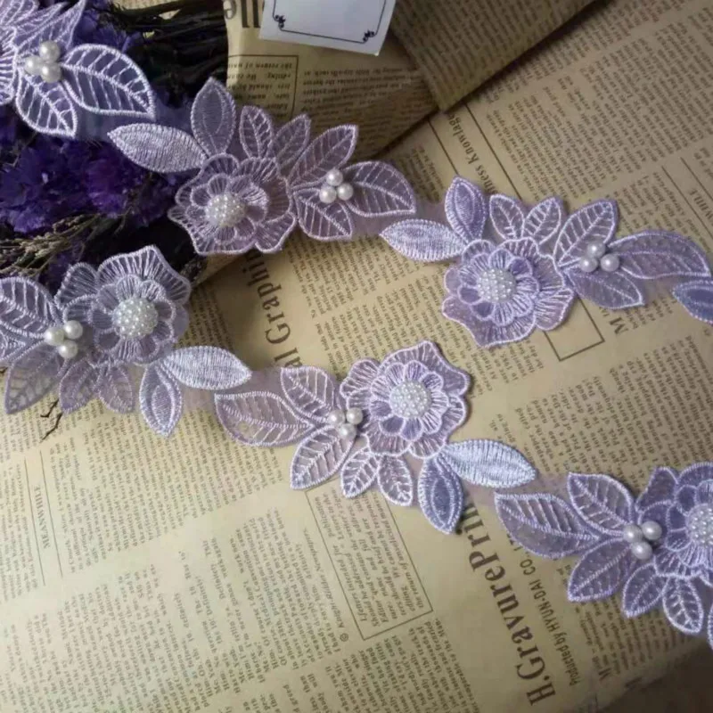 

10x Puple Pearl Beaded Flower Leaf Embroidered Lace Trim Ribbon Fabric Handmade Sewing Craft For Costume Hat Decoration Hot