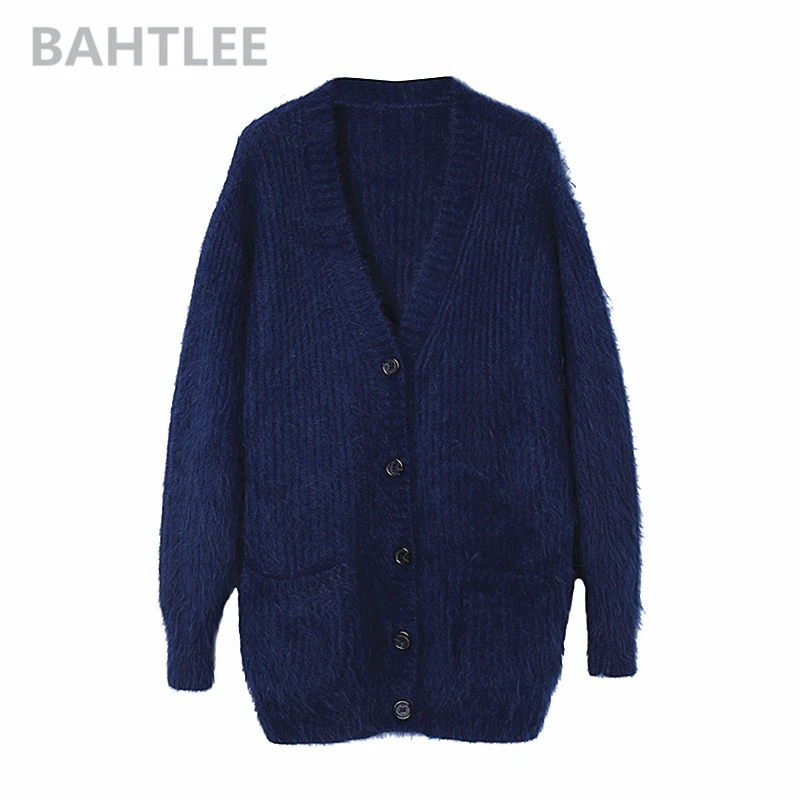 BAHTLEE-Women\'s Mink Cashmere Knitted Cardigans, V-Neck Sweater, Button Pocket, Thick, Keep Warm