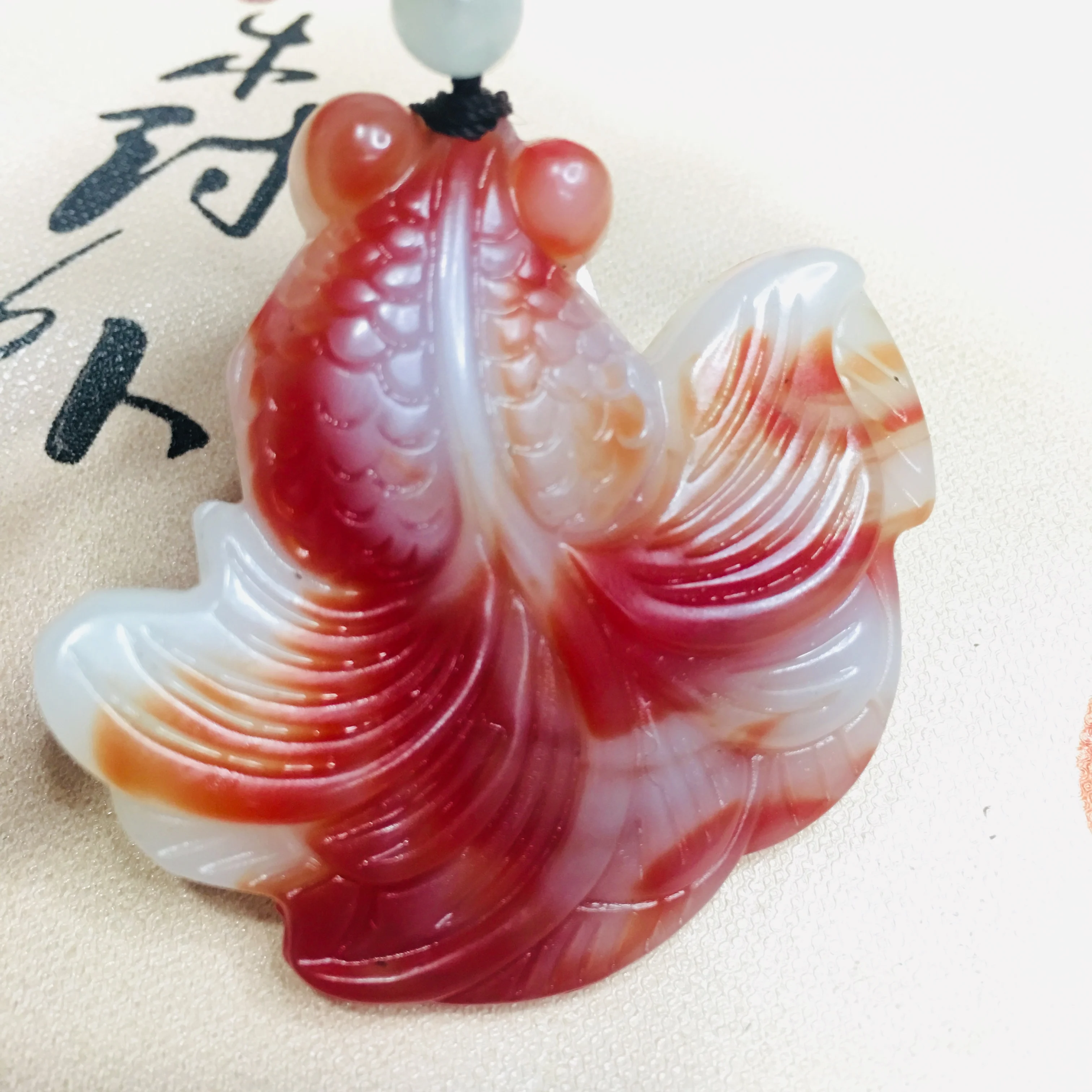 Zheru Jewelry Pure Natural Colorful Jade Carved Red Goldfish Pendant Three Color Jadeite Bead Necklace Send Class A Certificate