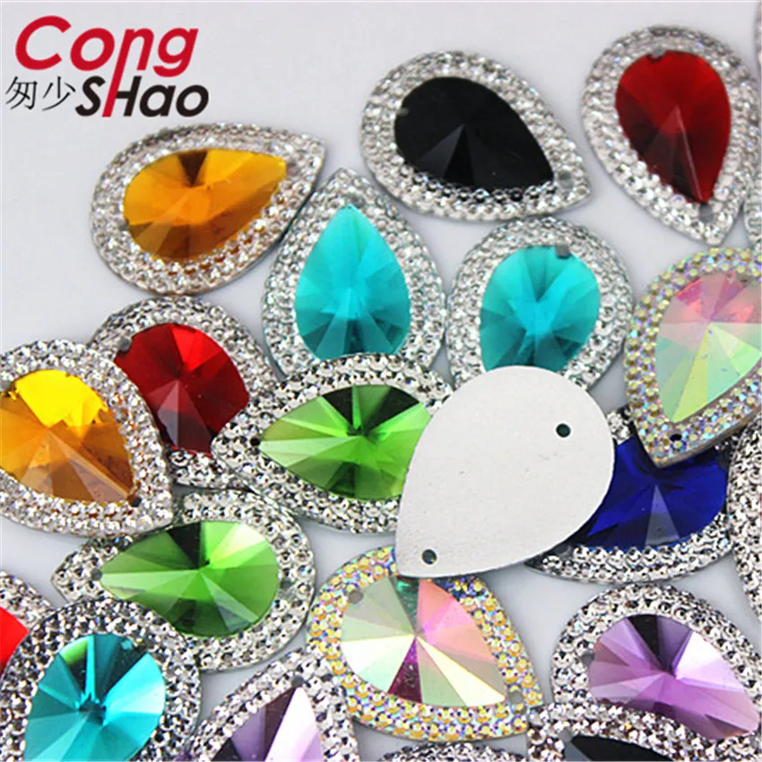 Cong Shao 100pcs 13*18/18*25mm Drop Flatback Sewing 2 Hole Costume Button Crystal Resin Rhinestone Trim DIY Accessories  CS36