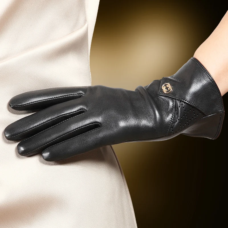 New Listing Women Genuine Leather Gloves Fashion Five Finger Sheepskin Glove With Warm Velvet Lining Soft Nappa Ladies L171NC2