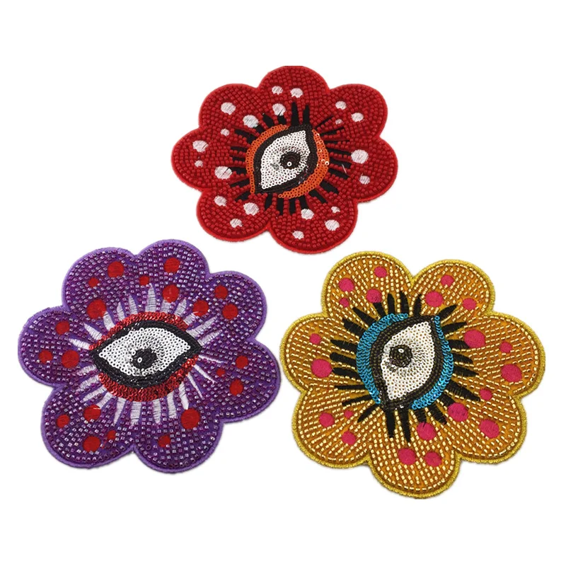 Beaded Flower Evil Eye Patch Sequin Embroidered Applique Patches For Clothing Parches Bordados Ropa DIY Sew On AC1378