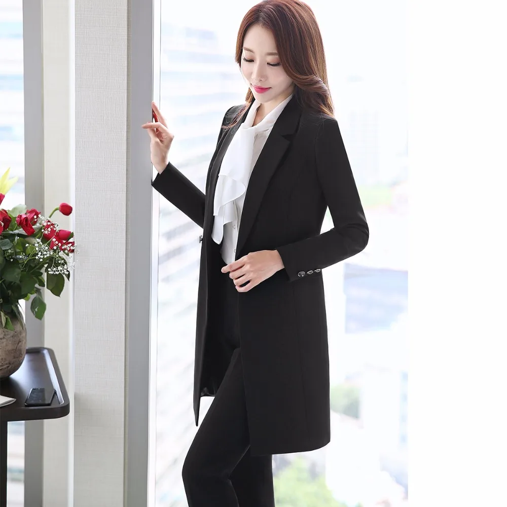 2019 New Winter Women Long Blazer Elegant Long Sleeve Formal  For Office Lady Black Blue Red