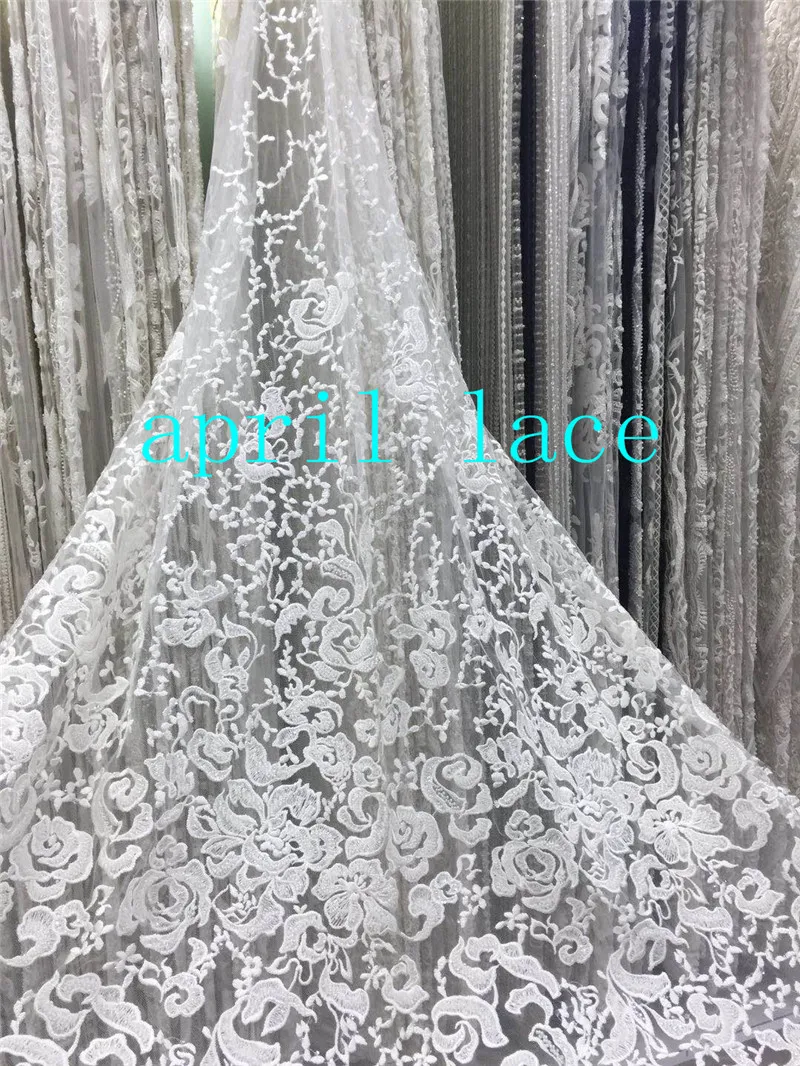 stock  HIG004#  5 yards  offwhite luxury beads ivory french embroidery  tulle mesh lace fabric for sawing bridal wedding dress