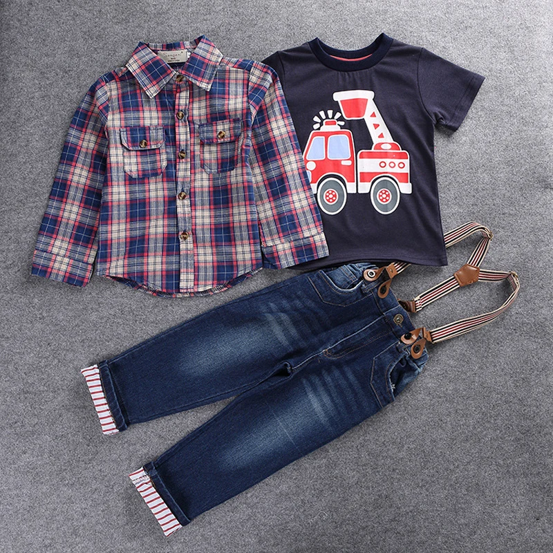 2Piece Spring Autumn Toddler Boy Outfits Baby Clothes Casual Cartoon Plaid Cotton Shirt+T-shirt+Jeans Kids Clothing Set BC1350