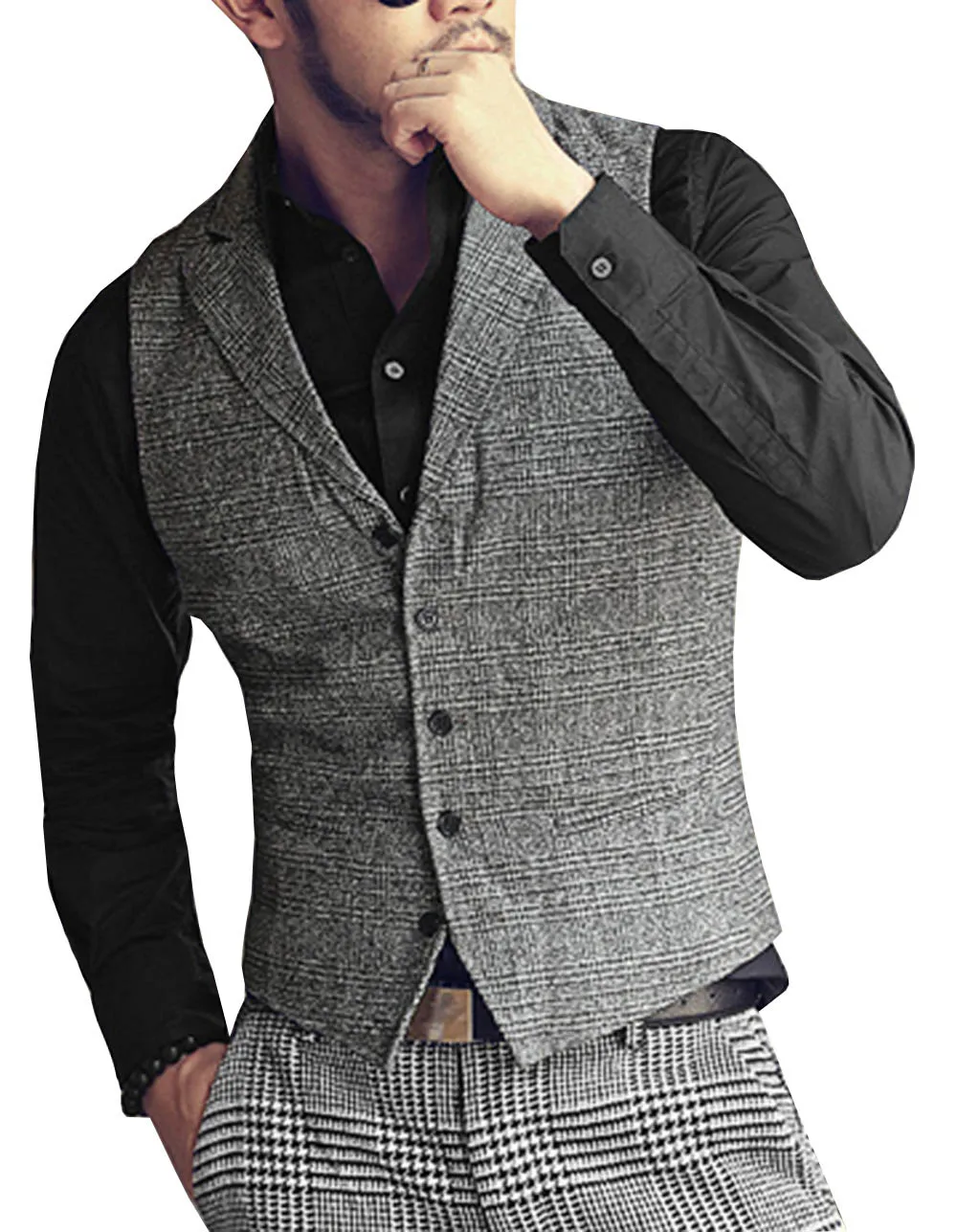 Mens Suit Vest Plaid Neck Wool Grey Single-breasted Slim Fit Waistcoat Casual Formal Business Groomman For Wedding Best Man