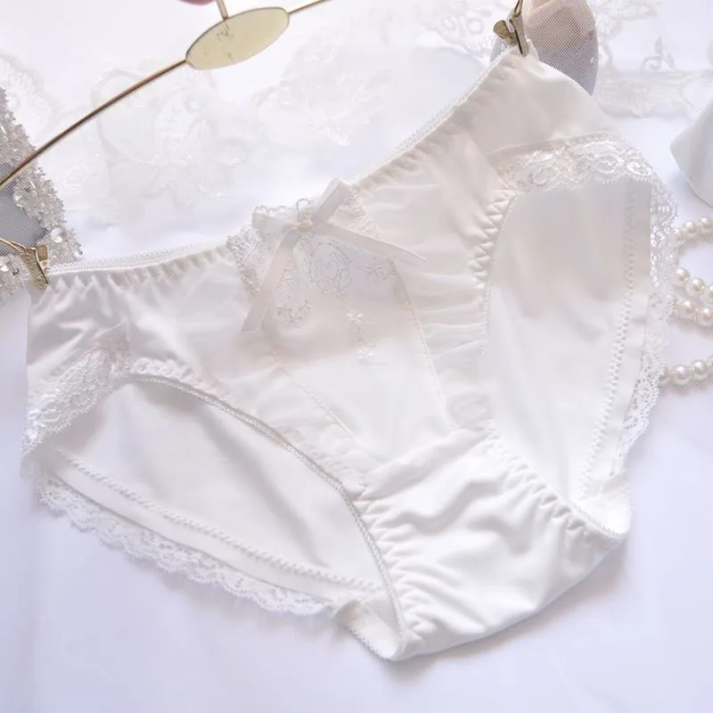 Milk Silk Satin Silky Cute Princess Panties Lace Embroidery Lovely Sweety Women's Underwear Chiffon Fold Female Breifs Lingerie