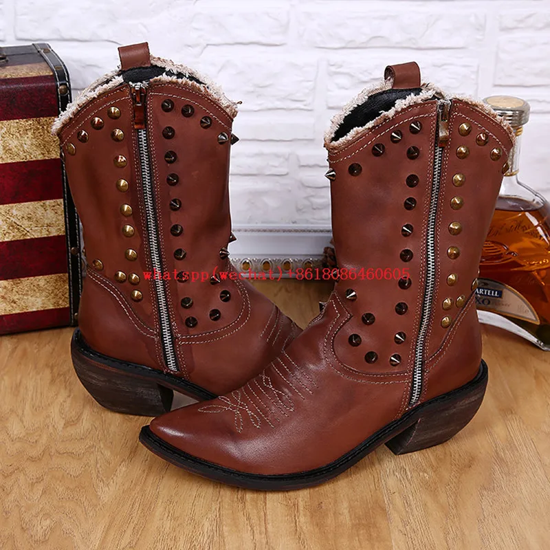 Italian Men Knee High Boots Black Brown High Top Work Studded Cowboy Boots Pointed Toe Rivets Motorcycle Shoes Man