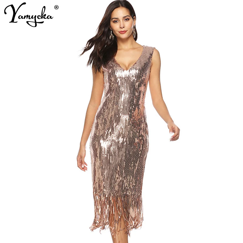 Sexy luxury Bling Sequins summer dress wome Night club Party dresses gold tassel bodycon vintage long dress elegant vestidos New