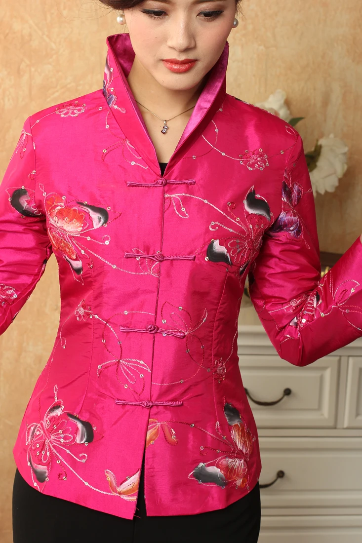 High Quality Hot Pink Womens Satin Jacket Traditional Chinese Style Embroidery Coat Mujer Chaqueta Size S M L XL XXL XXXL Mny11B