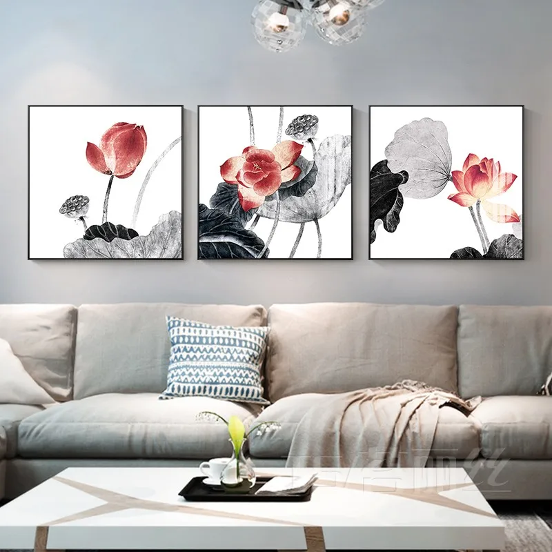 EECAMAIL Diamond Painting Triptych New Chinese-style Plaster Cross Stitch Ink Lotus Flower Elegant Rhyme Tea Room Diamond Embroi