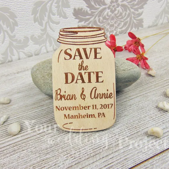 

Mason Jar Save The Date Magnet, Rustic Wedding Favor, Engraved Wooden Wedding Decoration, Wood Magnets