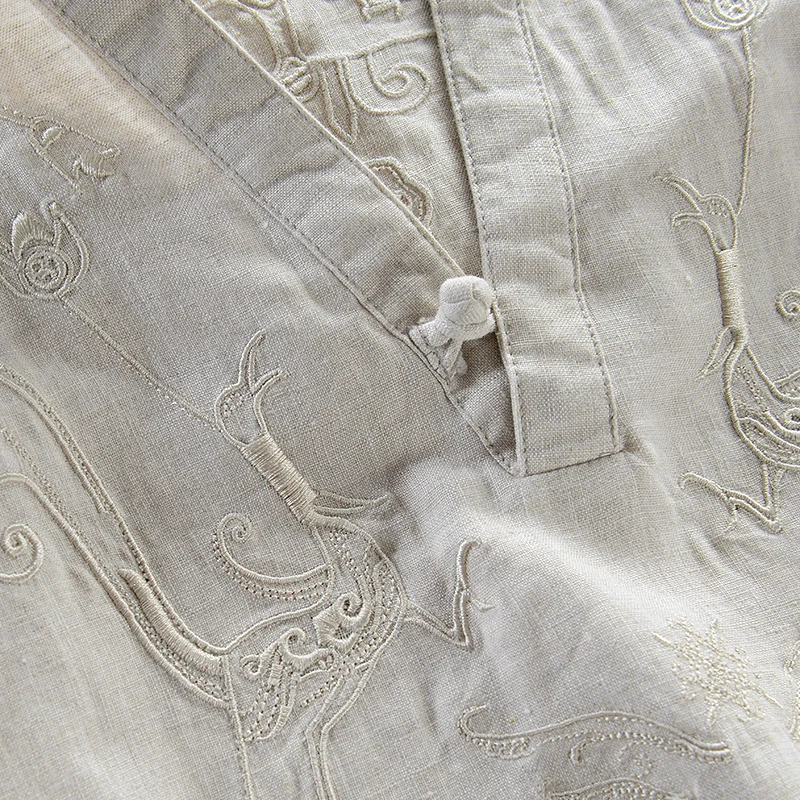 

Рубашка из чистого льна с вышивкой, мужские летние мужские рубашки с короткими рукавами, брендовая модная рубашка, мужская рубашка с воротником-стойкой, camiseta masculina 3XL