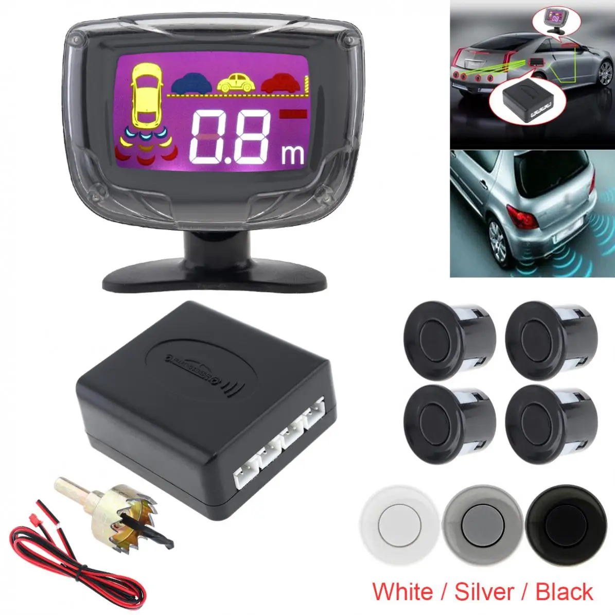 

Waterproof Universal 4 Sensors Car Parking Sensor Auto Parking Assistance System with LCD Display Monitor - 3 Optional Colors