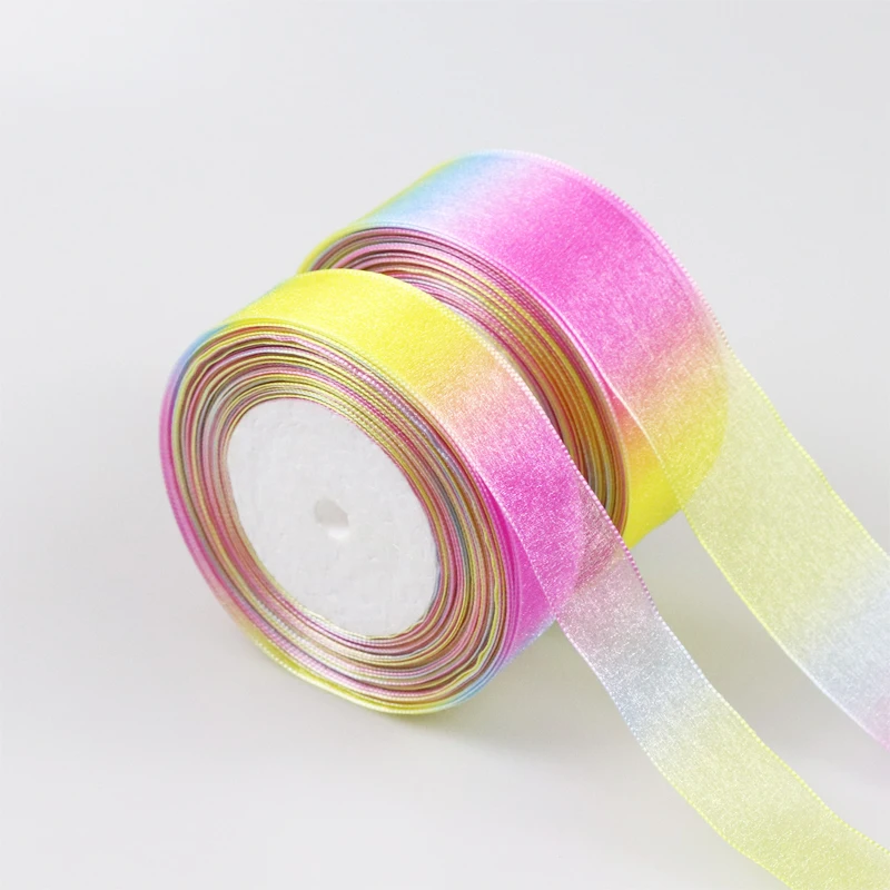 Rainbow Gradient 5 Yards 25mm 38mm Flower Bouquet Gift Festival Celebration Decorative Ribbon For Girl Hair DIY Handmade Ribbon