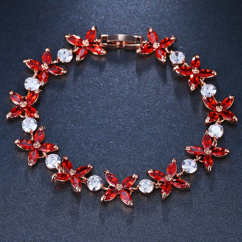 EMMAYA Silver Color Women Chain Link Bracelet Lucky Flower Wedding Jewelry Red CZ Stones Cheap Price