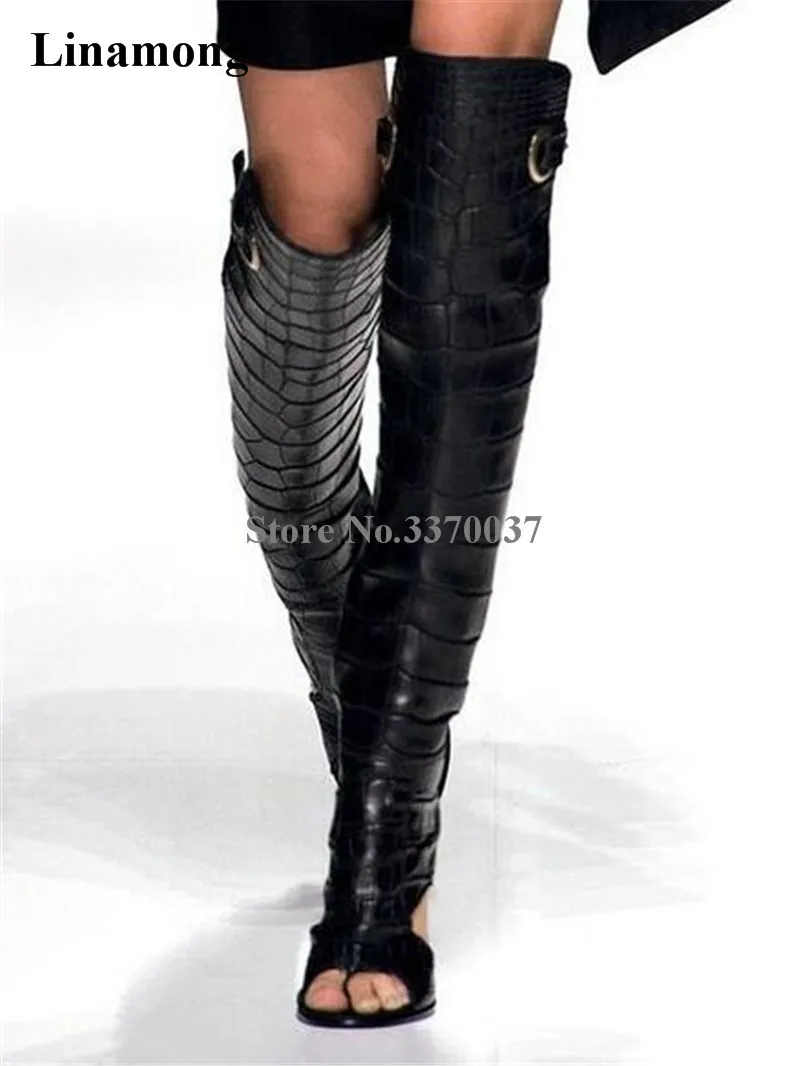 Women Luxury Black Texture Leather Over Knee Chunky Heel Gladiator Boots Back Cut-out Long Thick Heel Boots