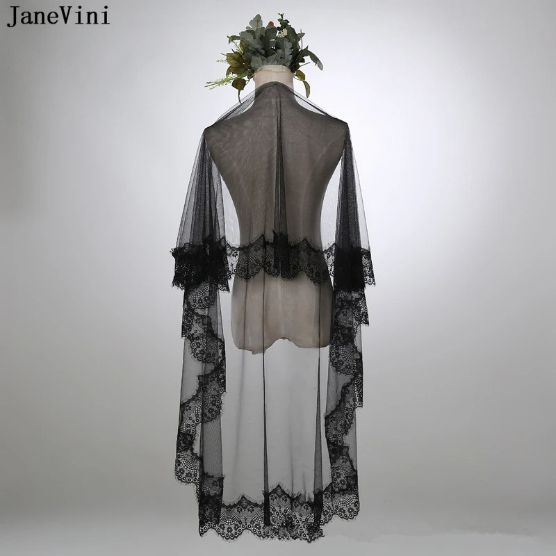 JaneVini Preto Vintage Uma Camada Borda Do Laço Véu De Noiva Curto Barato Elbow Length Tulle Véus de Noiva Acessórios Do Casamento Noivas