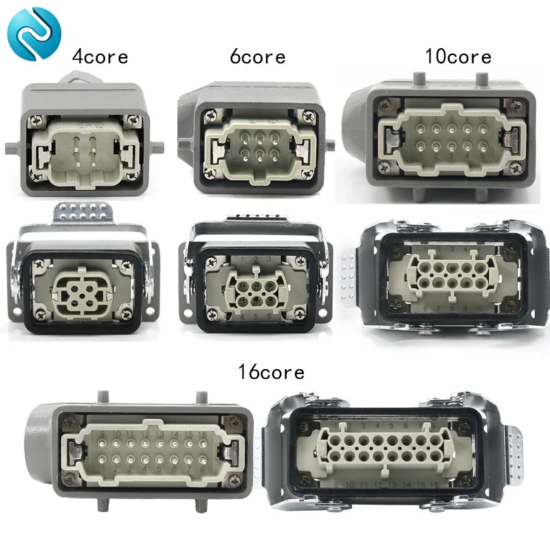 Rectangular heavy duty connector HDC-HE4 6 10 16 20 24 32 48 core Pin 16A Waterproof Aviation plug  Top  and Side Line Connector