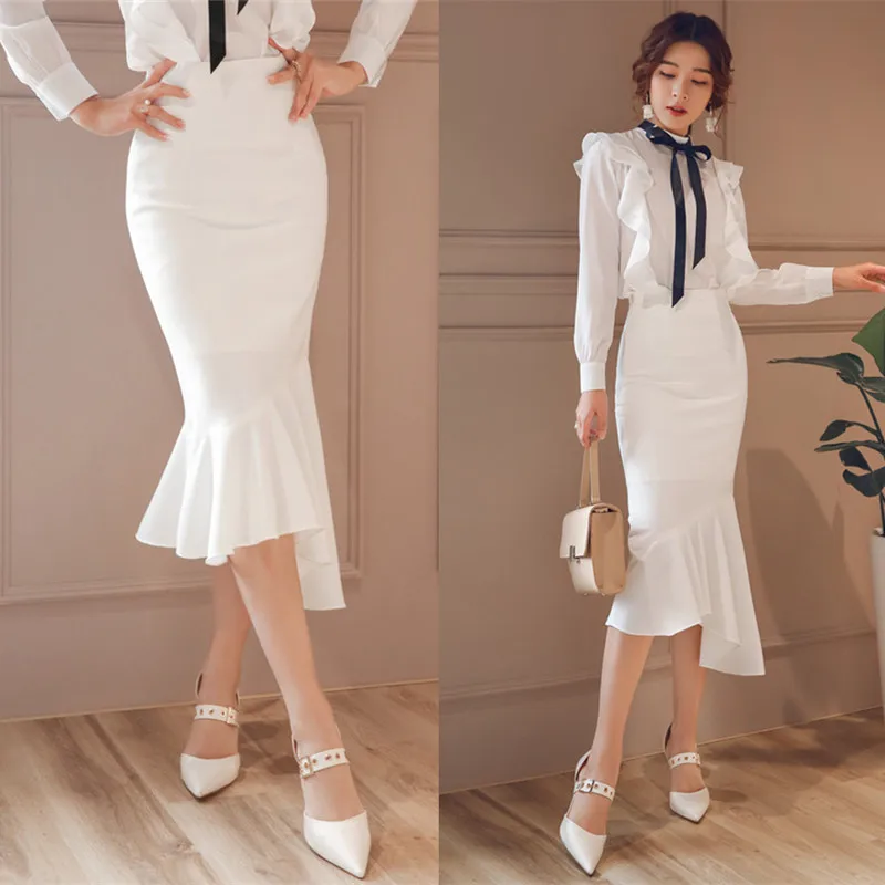 TIYIHAILEY New Fashion Long Mid-calf Skirt For Women Plus Size XS-3XL Mermaid Style Stretch Ladies Black And White Skirt