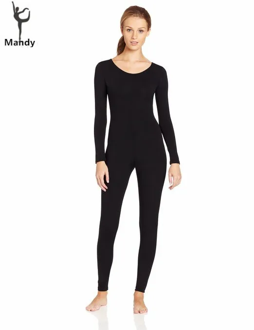 Plus Size Scoop Neck Full Body Spandex Dance Unitard Bodysuit Costumes Workout Gymnastics Long Sleeve Black Unitard For Women