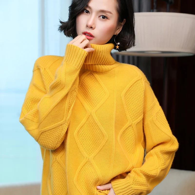 

European goods thick pure cashmere sweater female high collar lazy wind loose temperament sweater large size pullove sweater