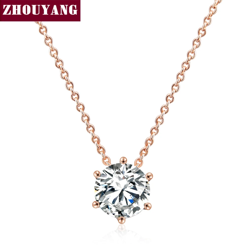 ZHOUYANG Necklace For Women Simple Six Claw 8mm Cubic Zirconia Rose Gold Color Fashion Jewelry Pendant Gift ZYN431 ZYN432