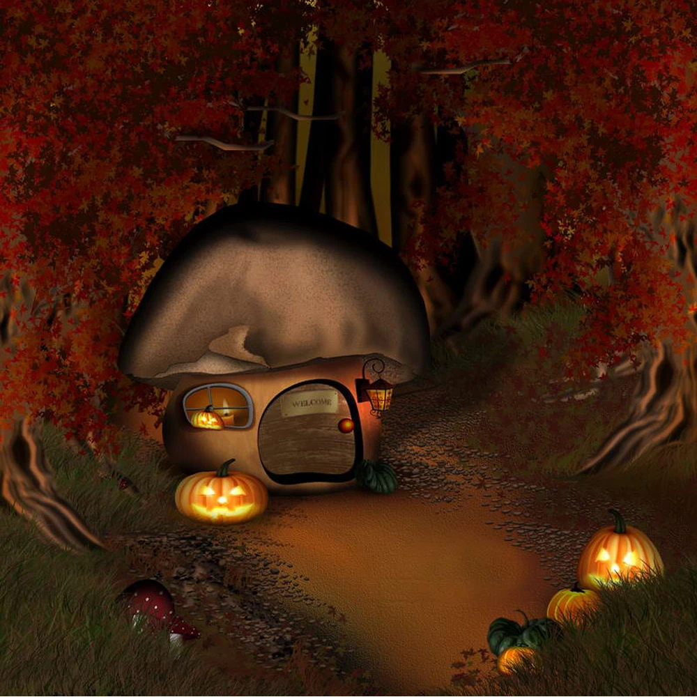 

Fairy Tale Mushroom House Photography Background Printed Maple Trees Pumpkin Lanterns Baby Kids Halloween Party Photo Backdrop