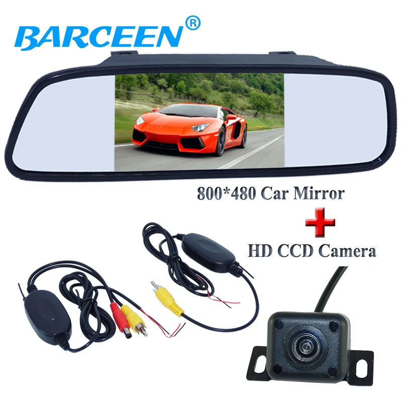 

Colorful night vision car rear reversing camera 4 ir+hd 5" car mirror monitor+wireless car receiver and transmitting universal