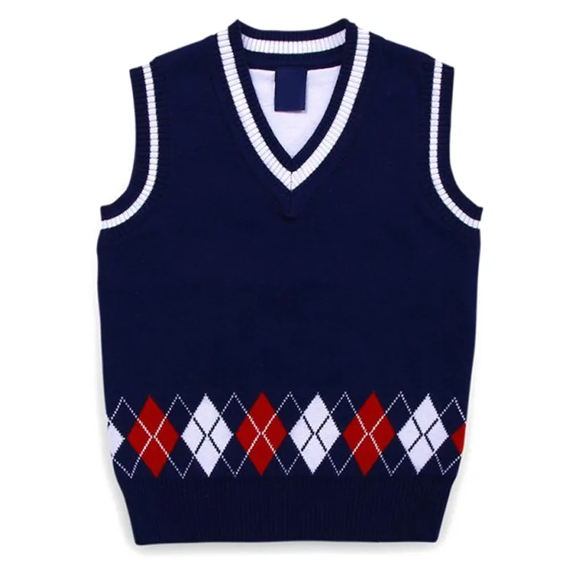 Autumn Spring Casual Kids Boys Girls Outerwear Sweater Vest Argyle V Neck Sleeveless Pullover Knit School Waistcoat 2-7Y