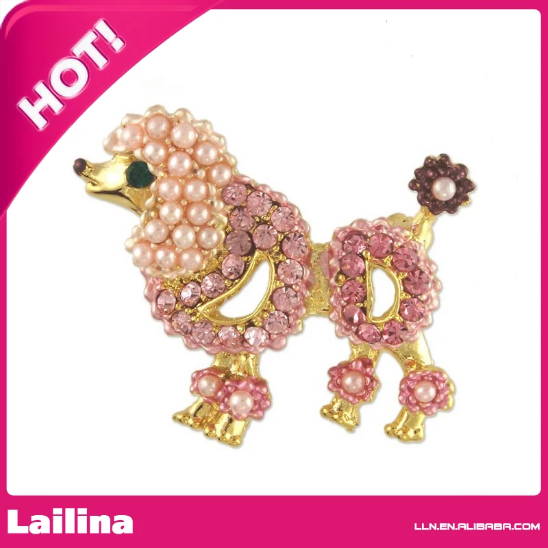 Women's Crystal Pink Pearl Poodle Dog Brooch Pin Made with Rhinestone