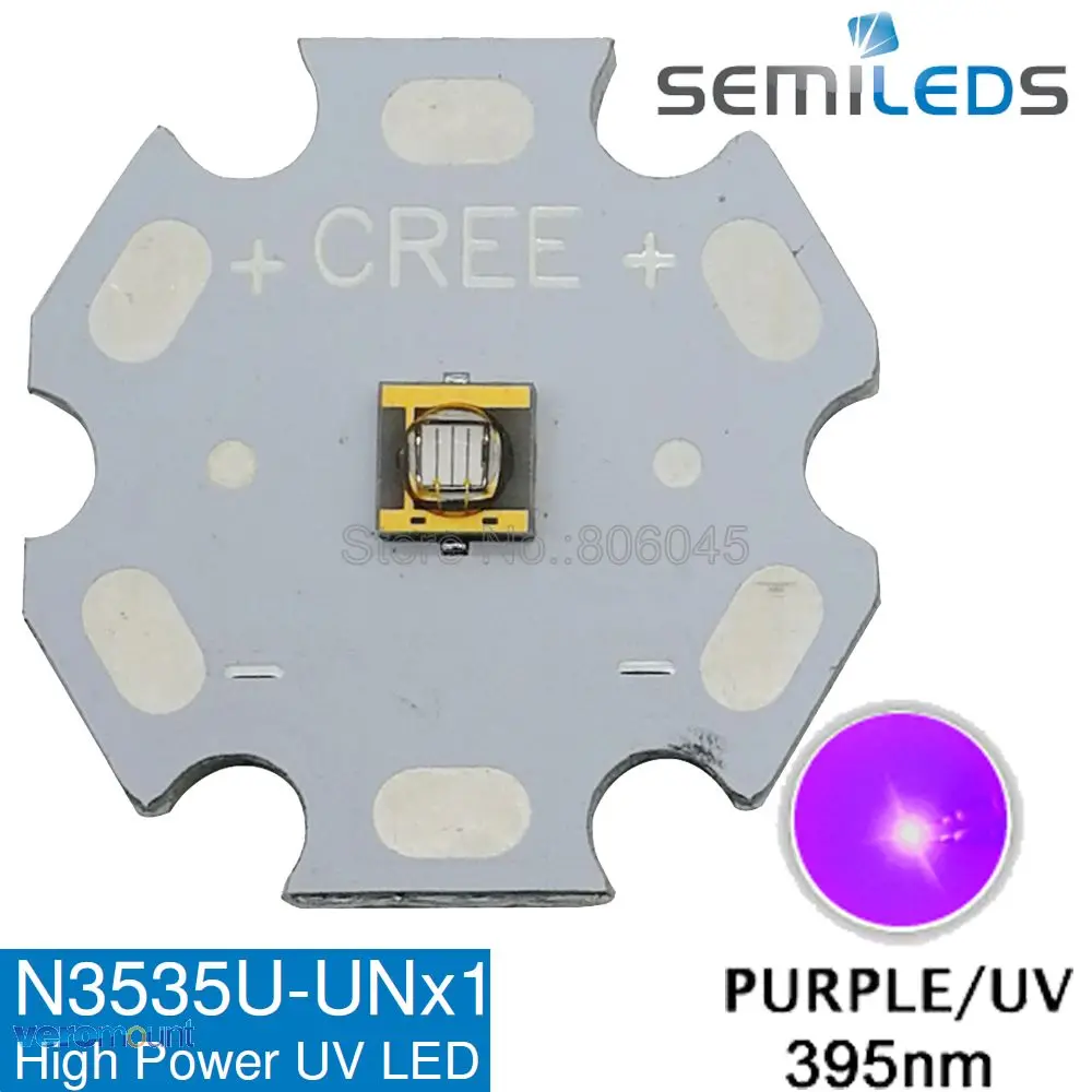 

5pcs/lot! SemiLEDs 3W Ultra Violet Purple 3W 395nm - 400nm High Power UV LED Emitter 3.6-3.8V 350- 1000mA on 20mm Aluminum PCB