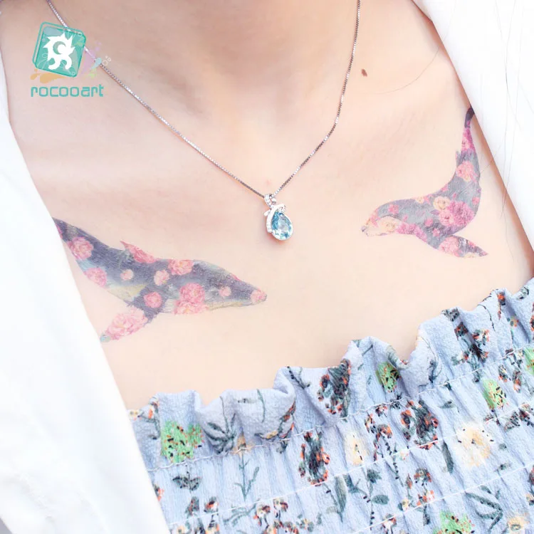 Rocooart Colorful Whales Fake Tattoo Body Art Flash Taty Flower Bird Temporary Tattoo Sticker For Women Tatouage Red Crane Tatoo