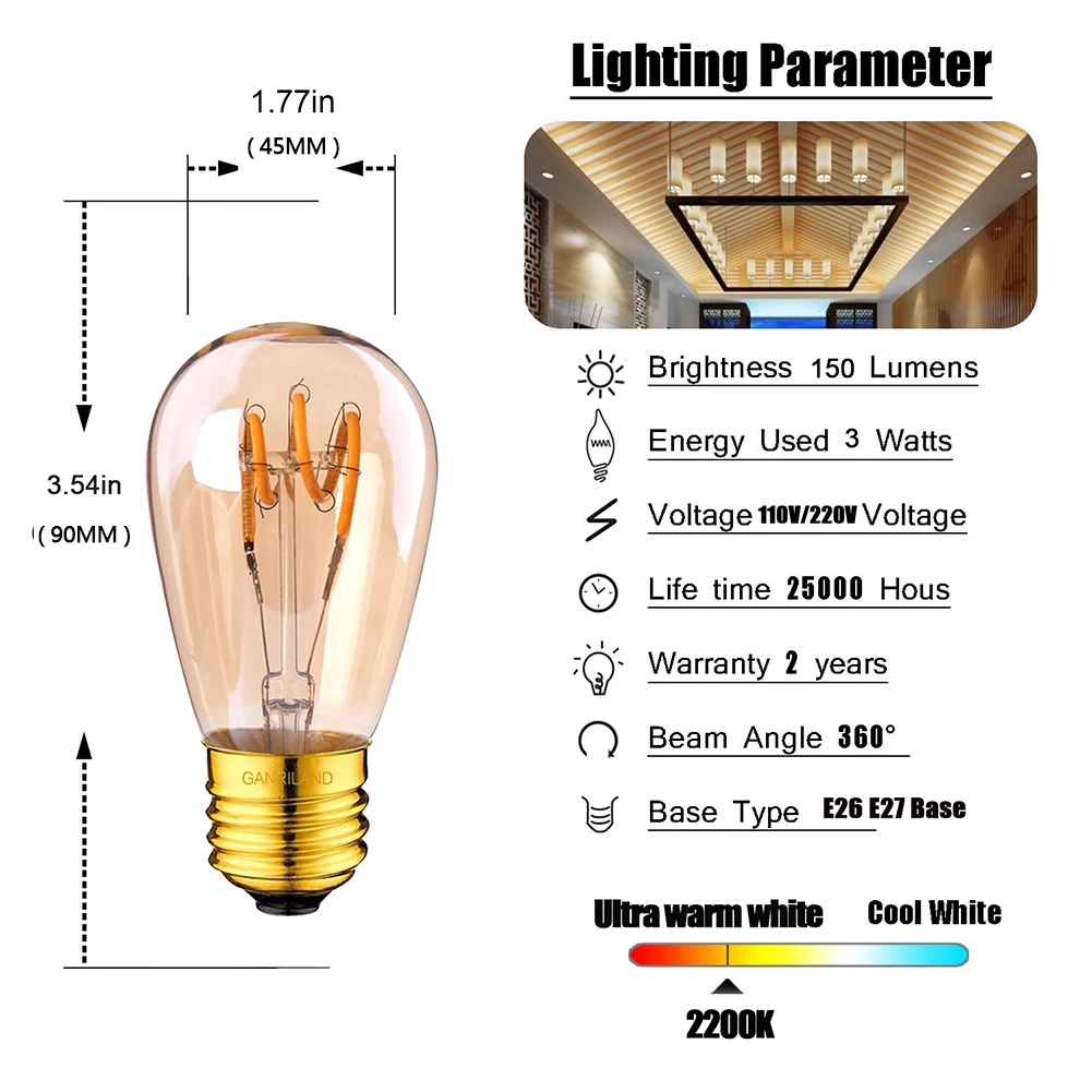 15 pz S14 E27 Base LED filamento lampadina Edison dimmerabile Vintage Golden Tint lampadine ST45 1W 3W 220V bianco caldo 2200K lampadina retrò