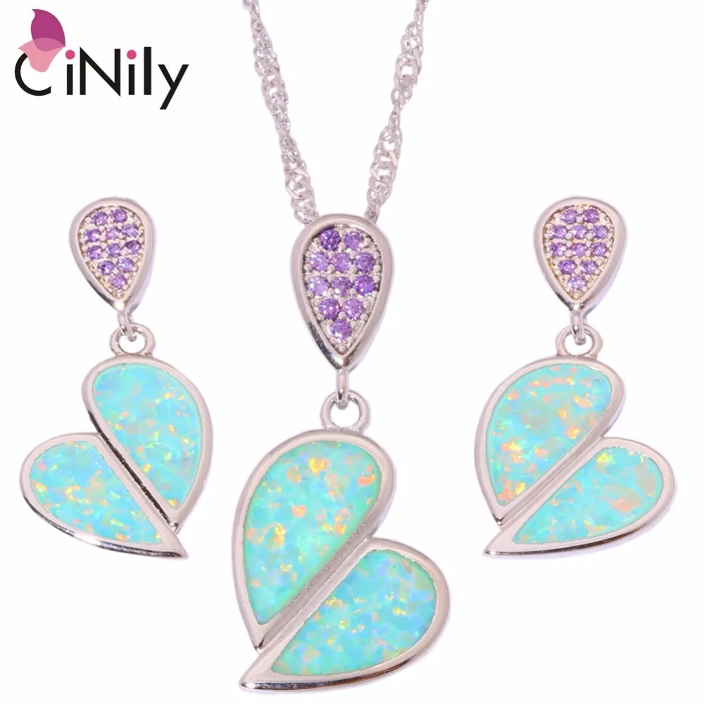 

CiNily Created Green Fire Opal Purple Zircon Silver Plated Wholesale Heart for Women Jewelry Pendant Earrings Jewelry Set OT132