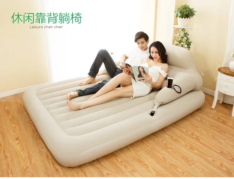 Flocking pvc luxury backrest inflatable bed two people seat and sleeping apartment folding nap double bed bed. foldable couch