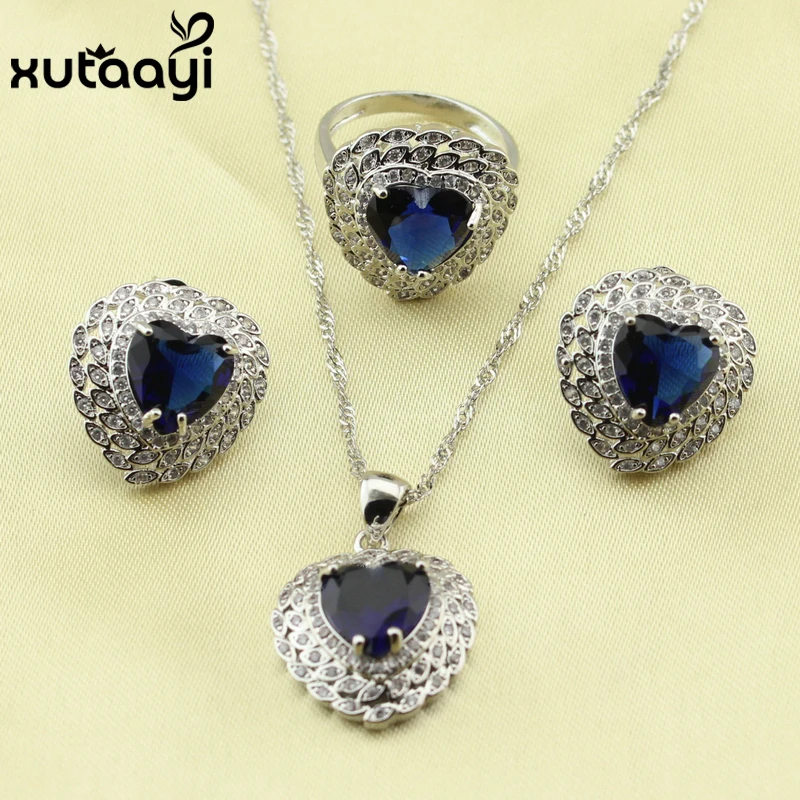 XUTAAYI Top Quality  Silver colorcolor Jewelry Sets Blue Created Sapphired Flawless Necklace/Rings/Earrings/Bracelet For women